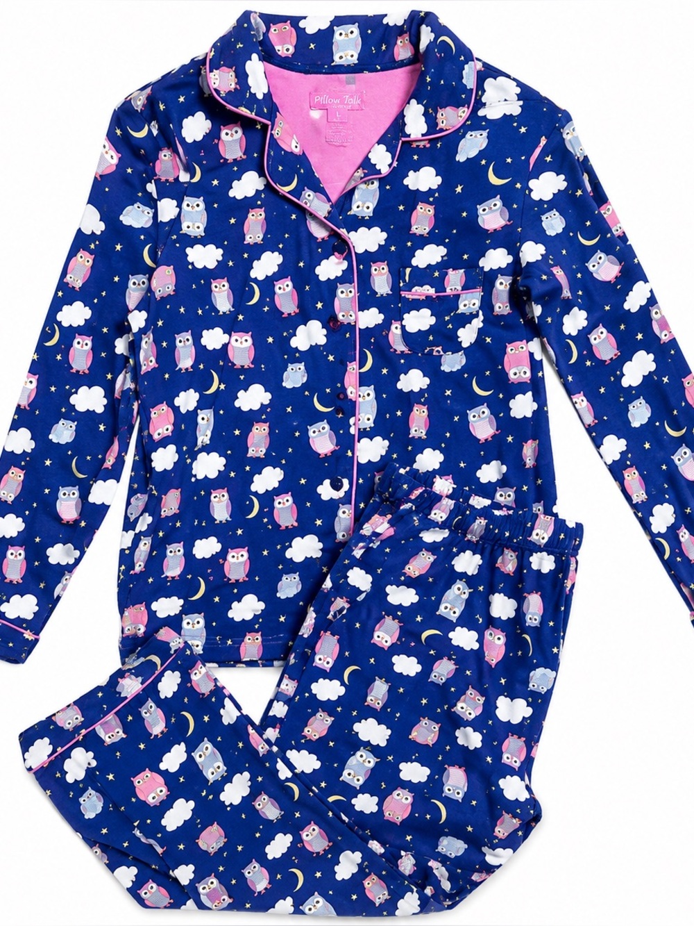 Pillow Talk Girls Cotton Pajama Set L Blue Owl Celestial Moon Clouds Sleepwear